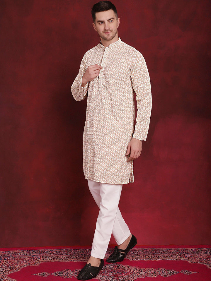 Jompers Geometric Self Design Thread Work Pure Cotton Kurta With Pyjamas