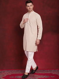 Jompers Geometric Self Design Thread Work Pure Cotton Kurta With Pyjamas