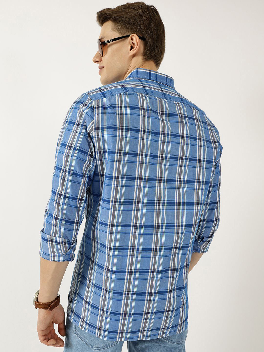 Thomas Scott Men Classic Spread Collar Tartan Checked Cotton Slim Fit Casual Shirt