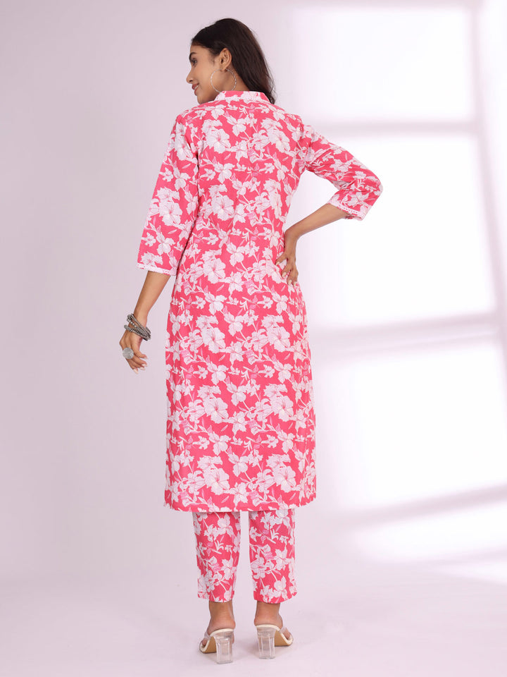 Varanga Pink Floral Printed Mandarin Collar Pure Cotton Kurta with Trousers