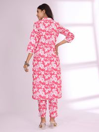 Varanga Pink Floral Printed Mandarin Collar Pure Cotton Kurta with Trousers