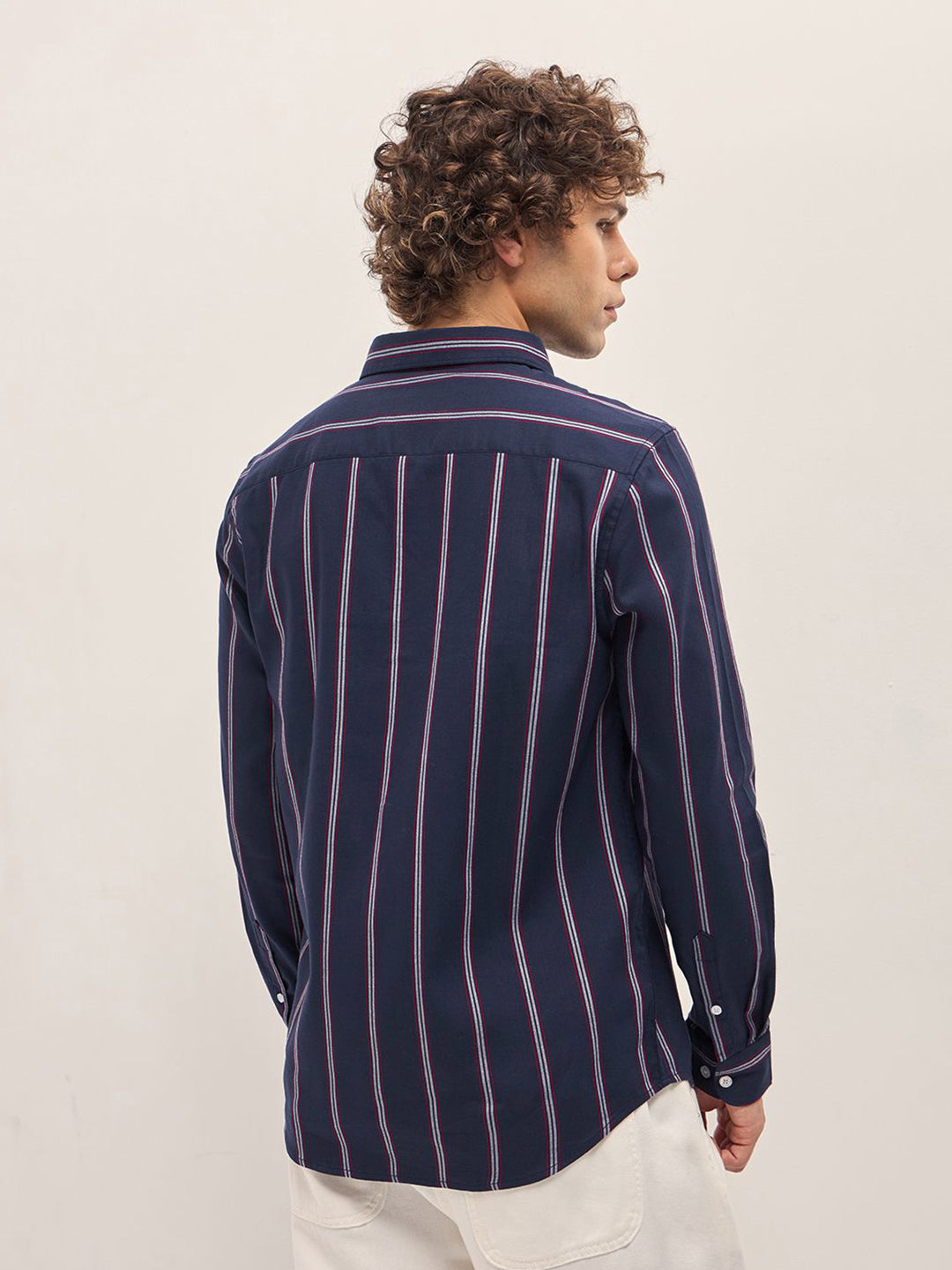 THE BEAR HOUSE Men Spread Collar Vertical Striped Cotton Slim Fit Casual Shirt