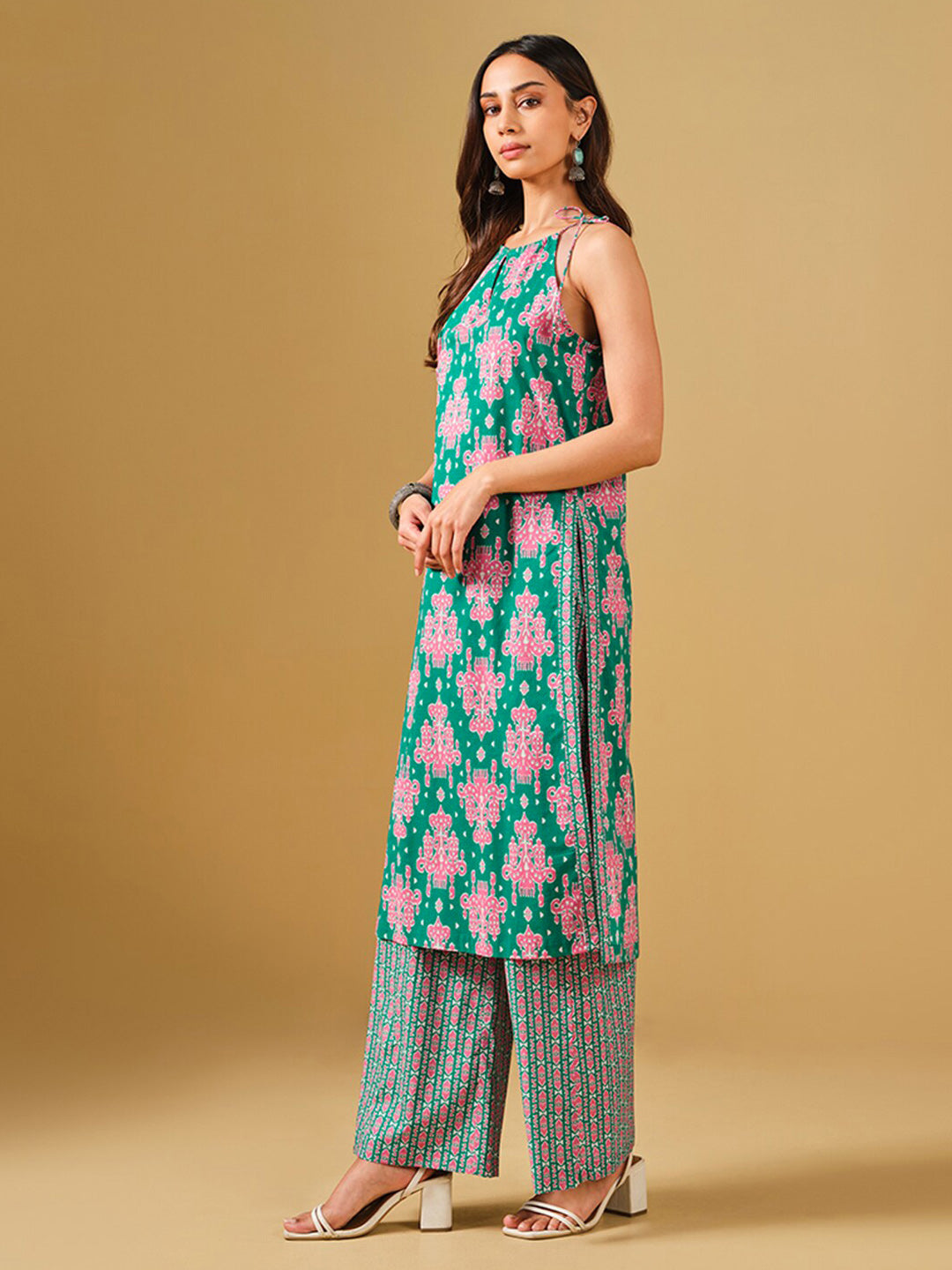 Global Desi Ethnic Motifs Printed Pure Cotton Straight Kurta with Palazzos