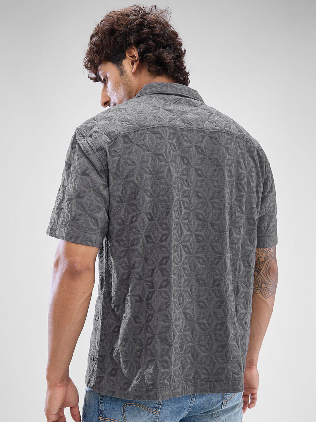 SPYKAR Men Cuban Collar Self Design Pure Cotton Casual Shirt