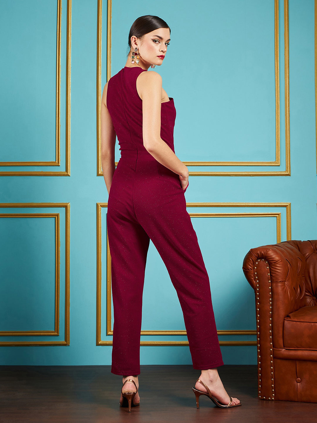 SASSAFRAS Maroon Halter Neck Basic Jumpsuit
