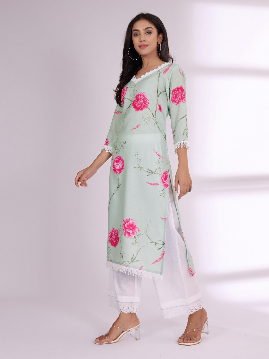 Varanga Floral Printed V-Neck Pure Cotton Straight Kurta