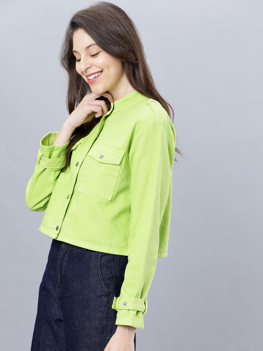 Tokyo Talkies Women Green Solid Crop Pure Cotton Denim Jacket