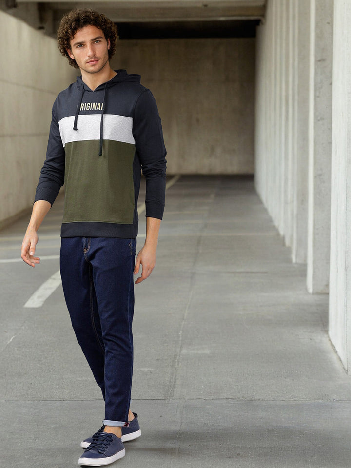 The Indian Garage Co Men Olive Green & White Colourblocked Hooded Sweatshirt