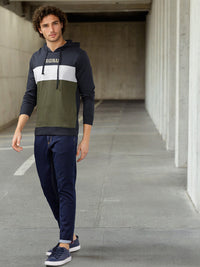 The Indian Garage Co Men Olive Green & White Colourblocked Hooded Sweatshirt