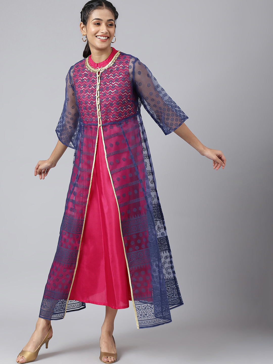 AURELIA Women Blue Ethnic Motifs Printed Flared Sleeves Anarkali Kurta