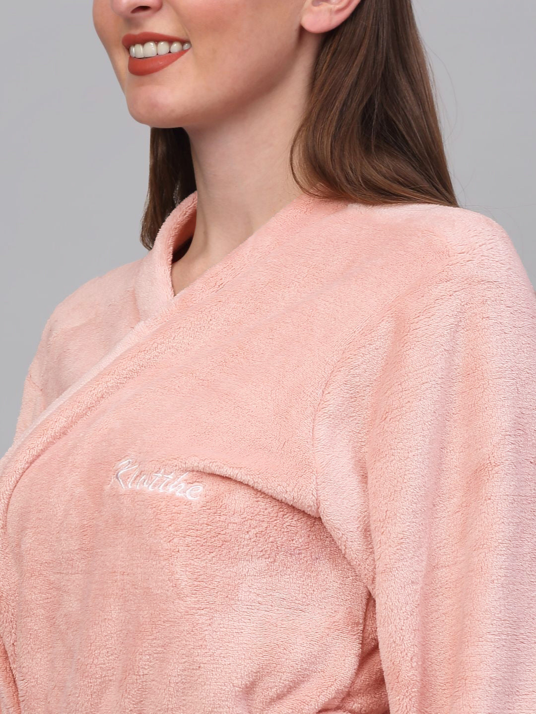 KLOTTHE Pink Woollen Long Sleeves Bath Robe With Belt