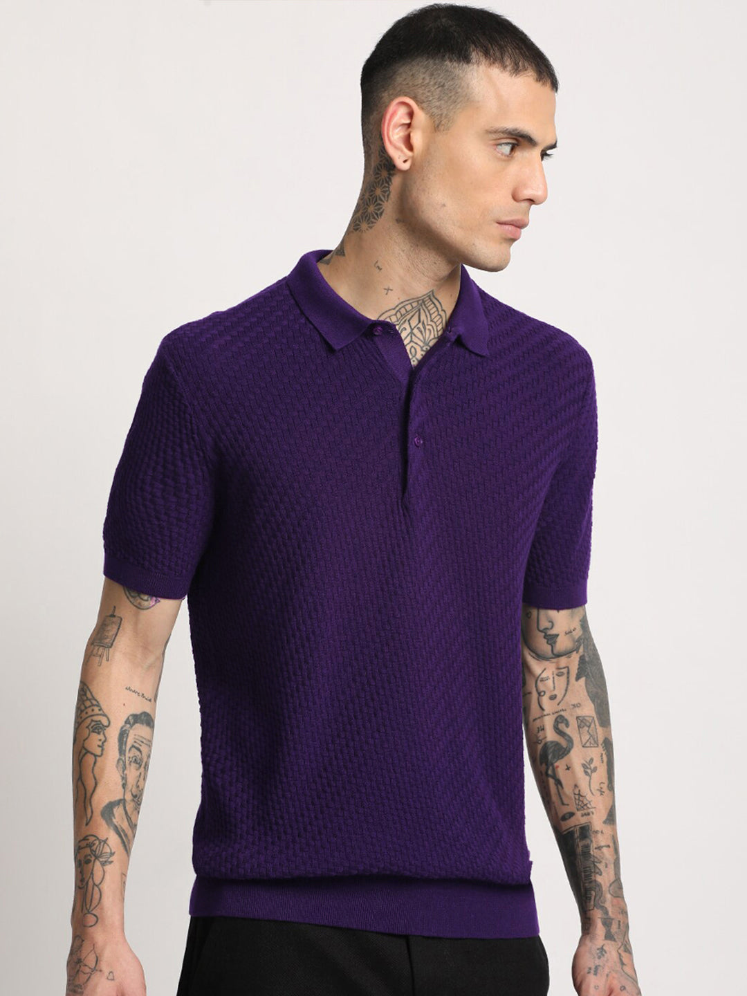 THE BEAR HOUSE Men Self Design Slim Fit Cotton Polo Collar T-Shirt