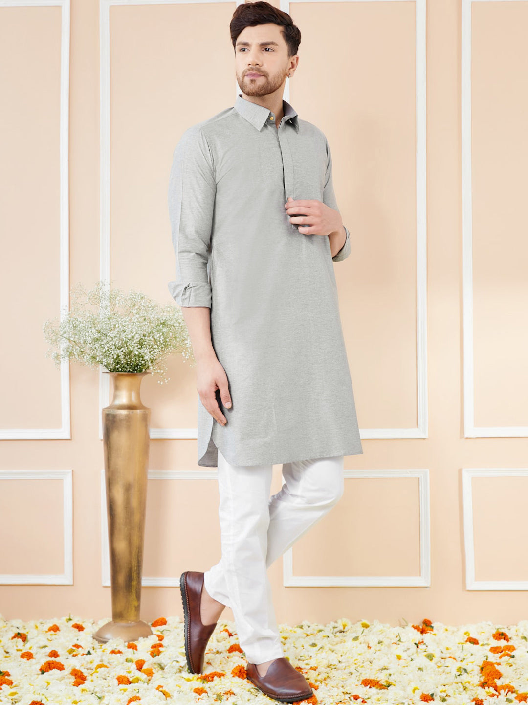 See Designs Shirt Collar Long Sleeves Pure Cotton Pathani Kurta With Pyjamas