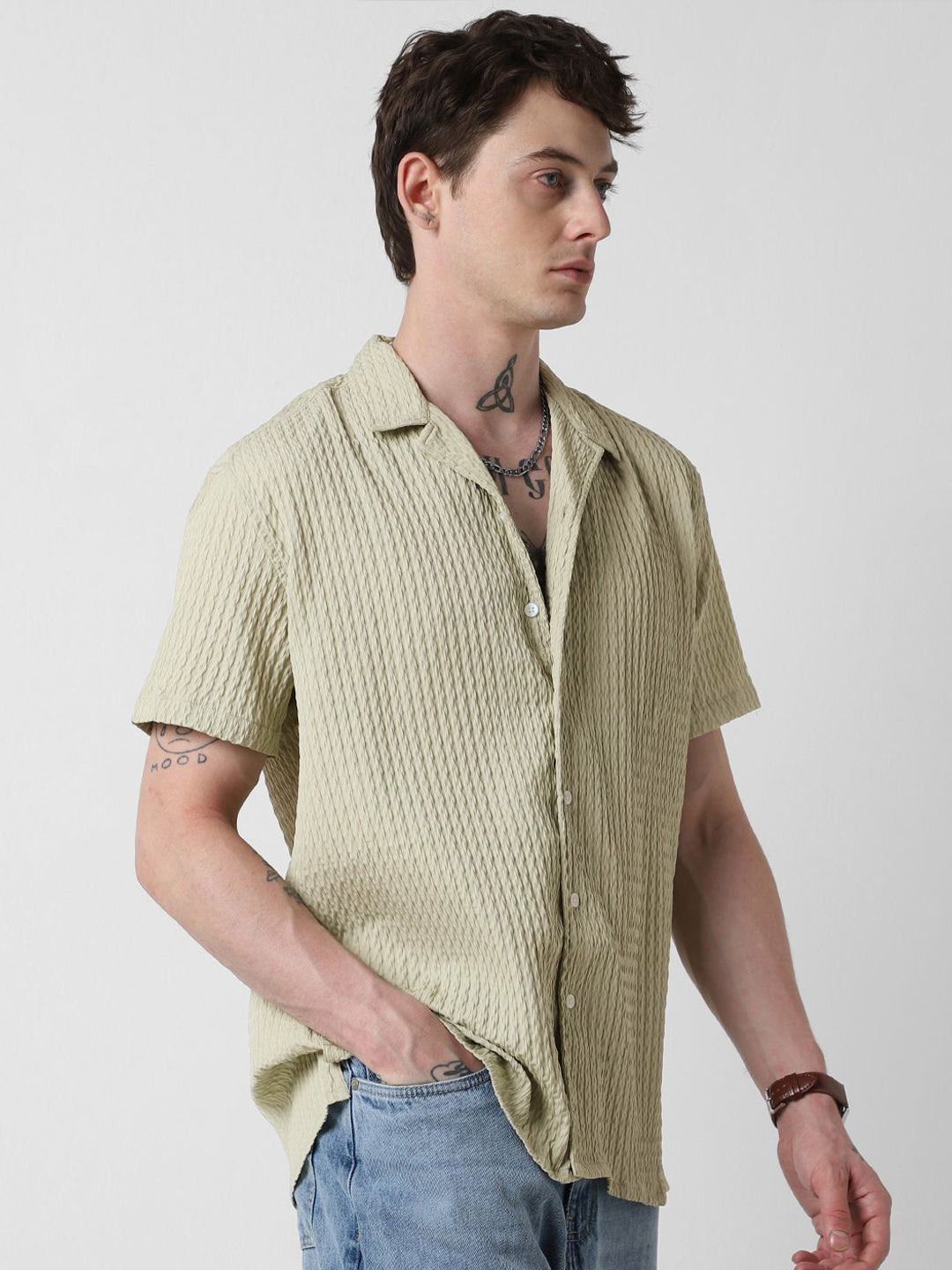 VASTRADO Men Classic Cuban Collar Popcorn Texture Oversized Casual Shirt