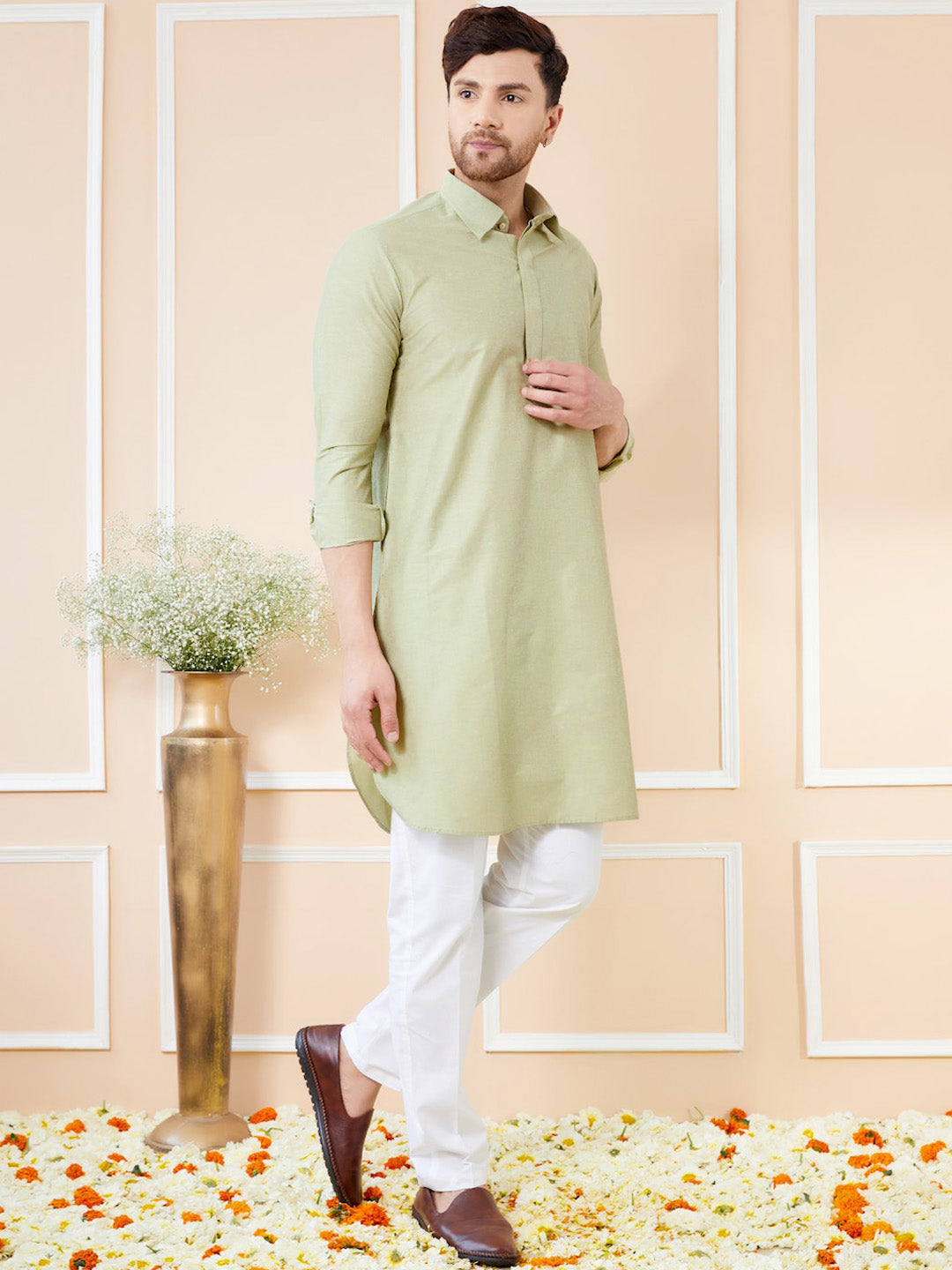 See Designs Shirt Collar Long Sleeves Pure Cotton Pathani Kurta With Pyjamas