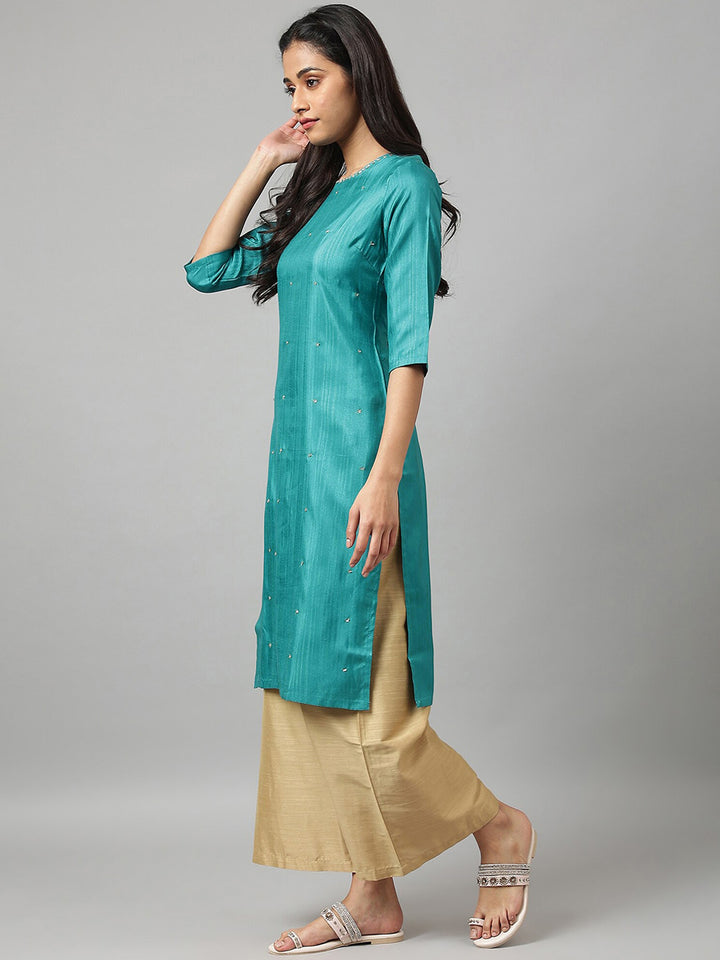W Women Teal Thread Work Indie Prints Kurta