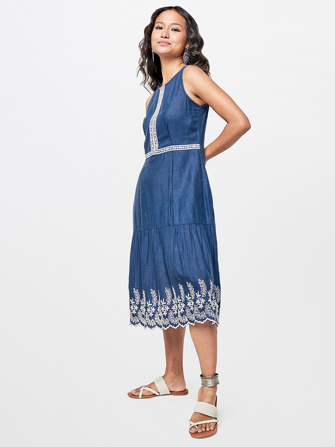 Global Desi Embroidered Round Neck A-Line Midi Dress
