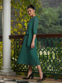 SASSAFRAS Pleated Georgette A-Line Midi Dress