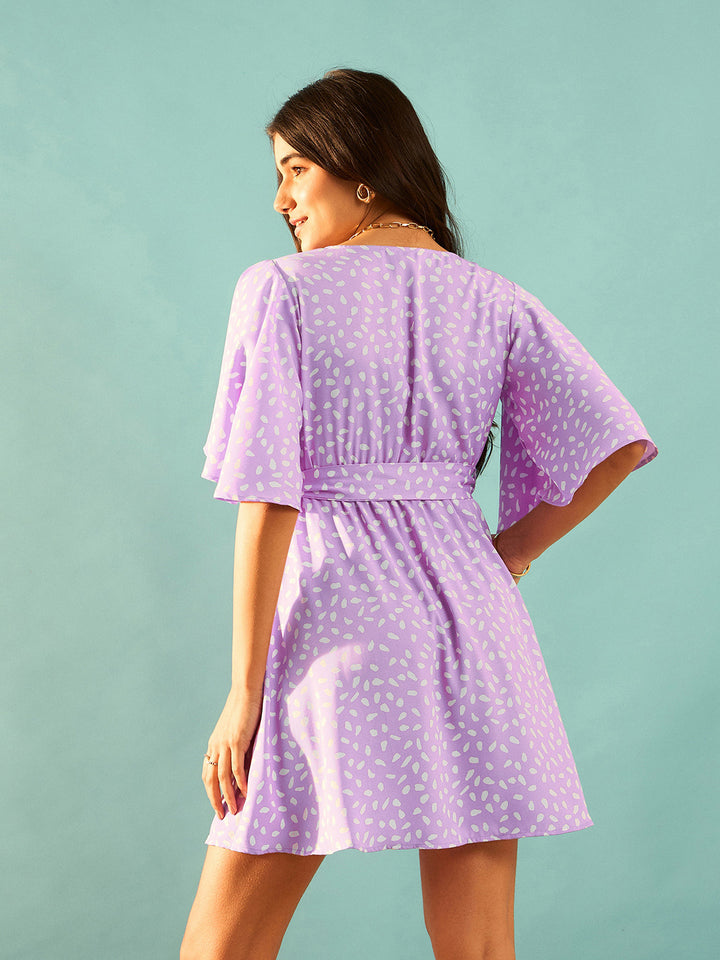 Berrylush Purple Printed Flutter Sleeve Wrap Mini Dress