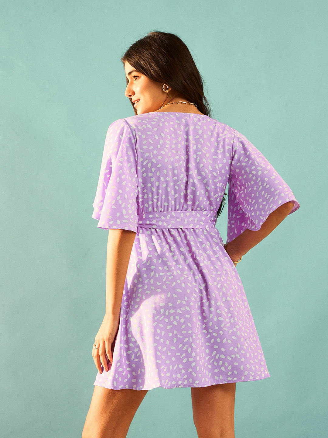 Berrylush Purple Printed Flutter Sleeve Wrap Mini Dress