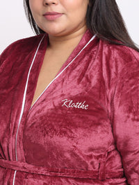 KLOTTHE Plus Size Red Woollen Long Sleeves Bath Robe With Belt