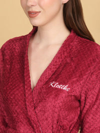 KLOTTHE Red Self Design Woollen Bath Robe With Belt