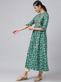 AURELIA Women Green Ethnic Motifs Printed Keyhole Neck Kurta