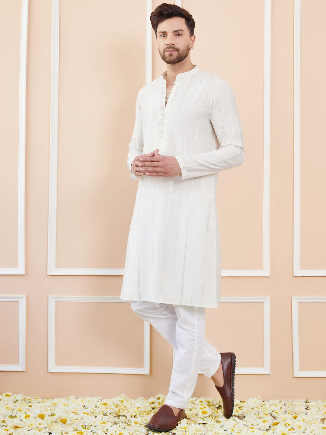 See Designs Striped Embroidered Thread Work Chanderi Silk Straight Kurta With Pyjamas
