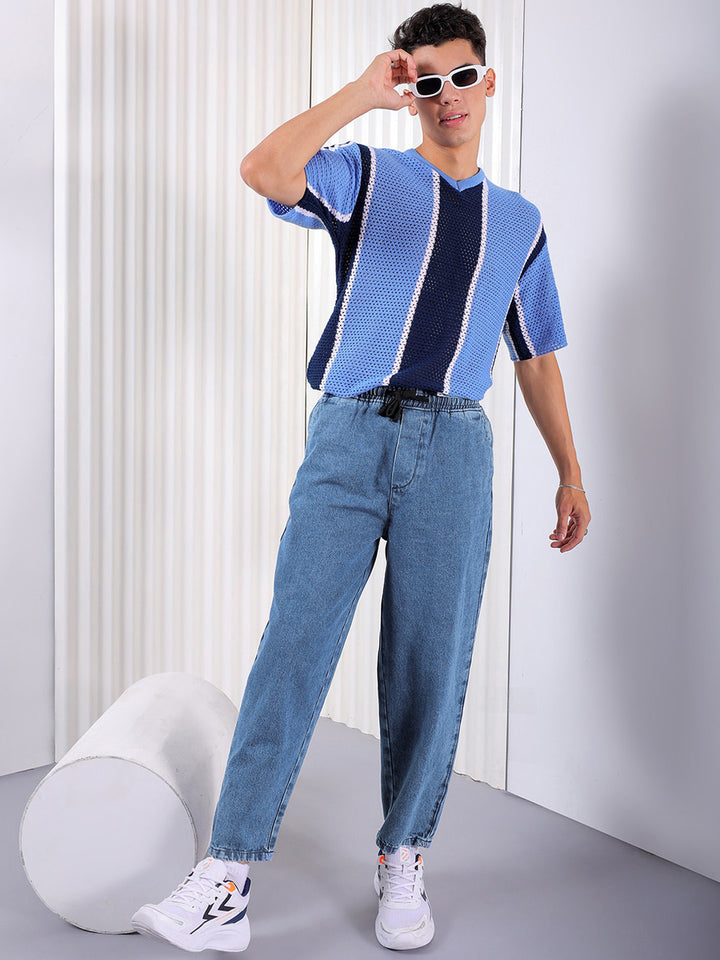 The Indian Garage Co Men Baggy Fit Cotton Elasticated Waist Jeans