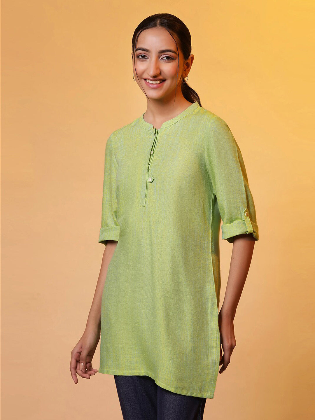 AURELIA Mandarin Collar Roll-Up Sleeves Pure Cotton Kurti