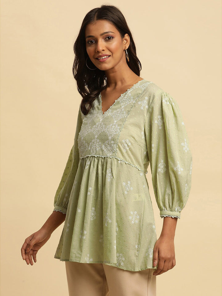 W Green & White Floral Printed Puff Sleeve Pure Cotton A-Line Top