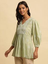 W Green & White Floral Printed Puff Sleeve Pure Cotton A-Line Top