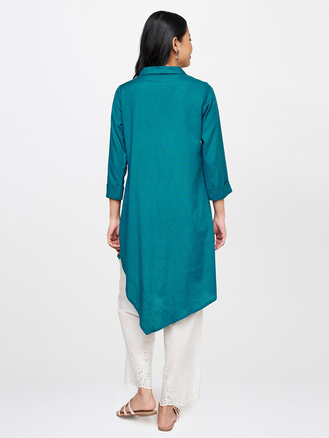 Global Desi Women Teal Solid Rayon Shirt Collar Tunic