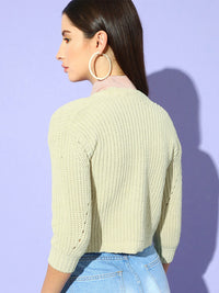 STREET 9 Women Beige Ribbed Crop Cardigan
