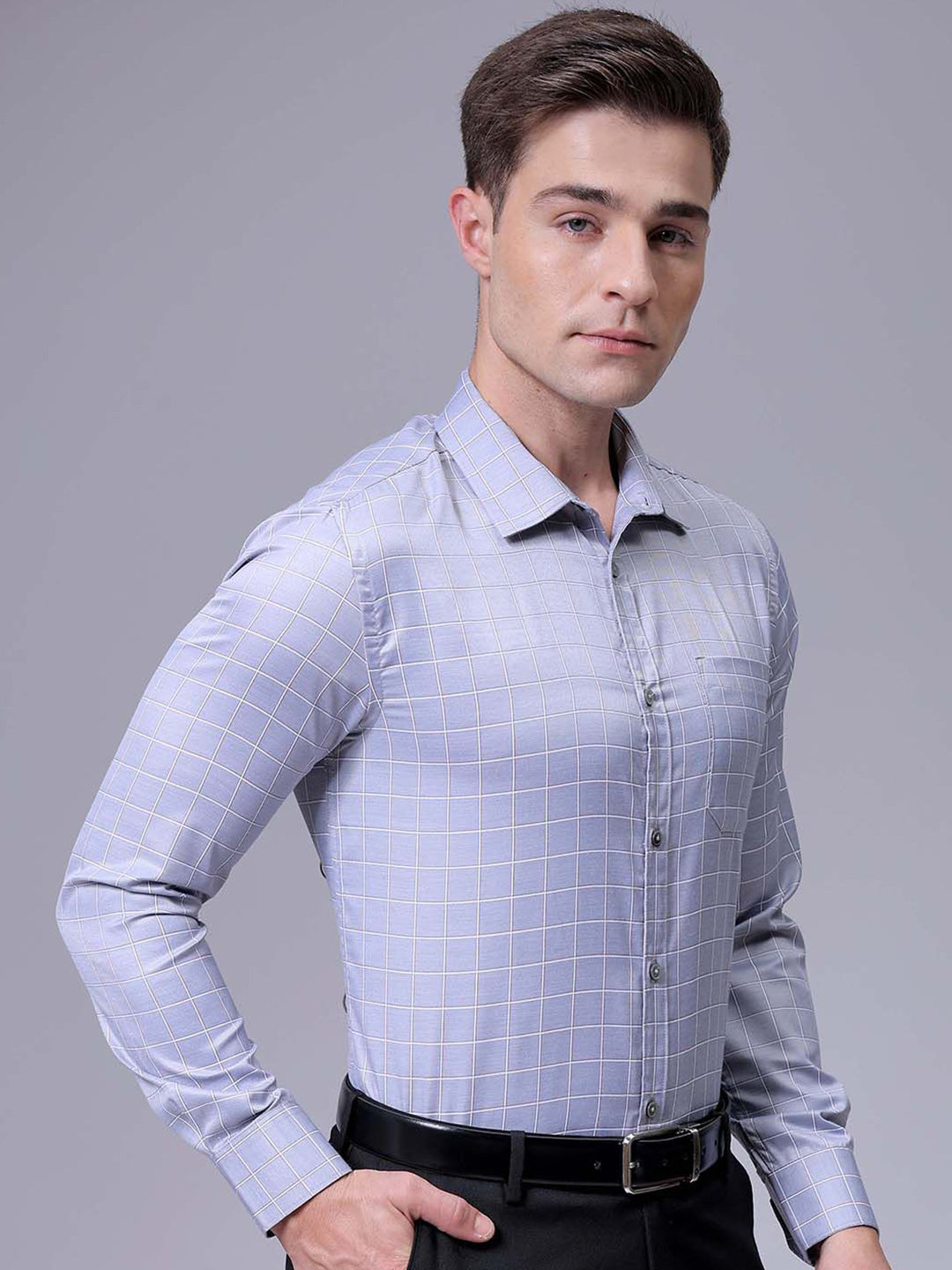 The Indian Garage Co. X Luxe Men Slim Fit Cutaway Collar Grid Tattersall Checked Formal Shirt