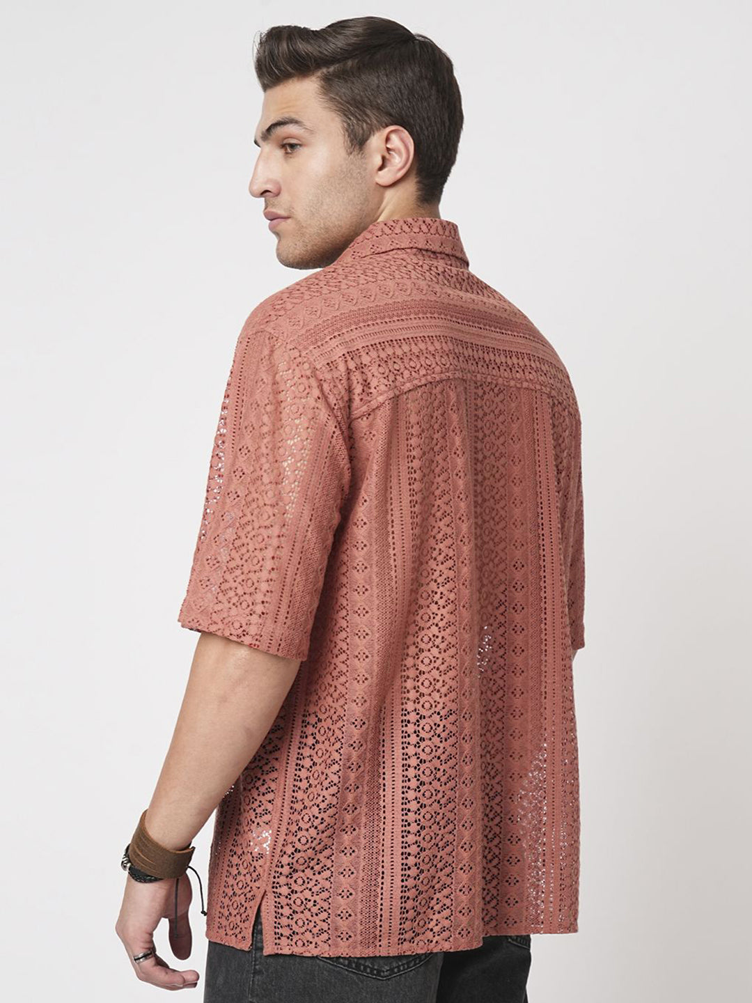 VASTRADO Men Classic Oversized Fit Spread Collar Textured Cotton Casual Shirt