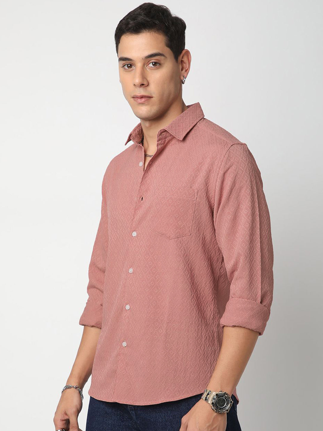 VASTRADO Men Classic Spread Collar Textured Slim Fit Casual Shirt