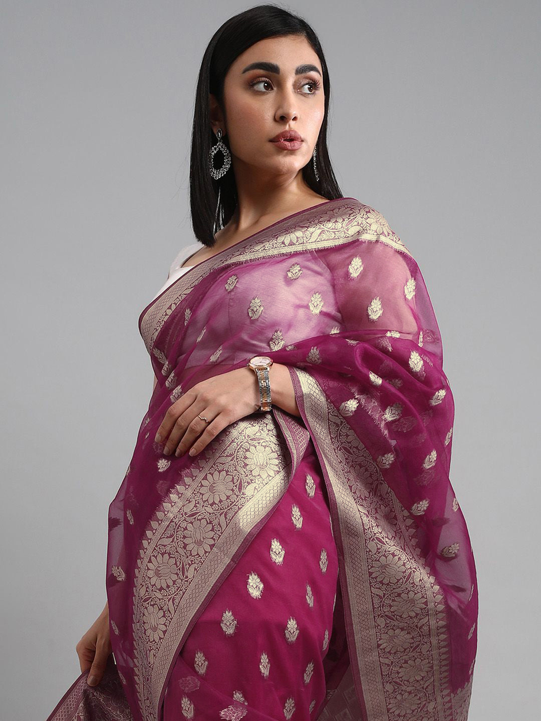 Saree mall Ethnic Motifs Zari Organza Banarasi Sarees
