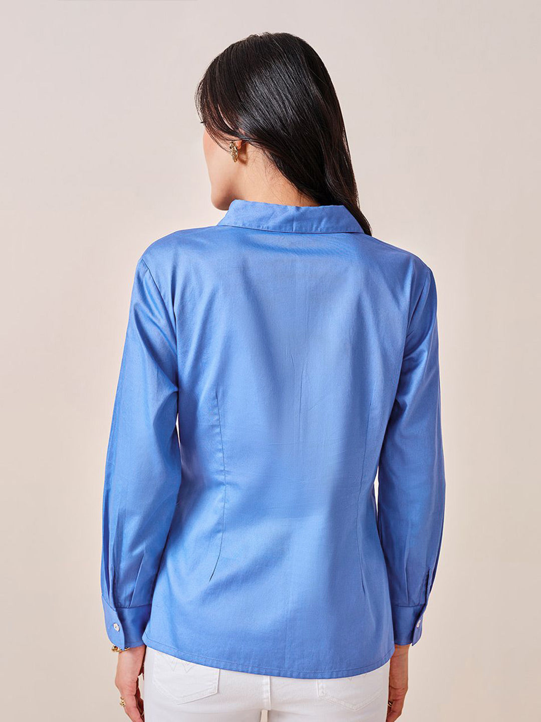 AND Women Solid Shirt Collar Long Sleeves Cotton Top