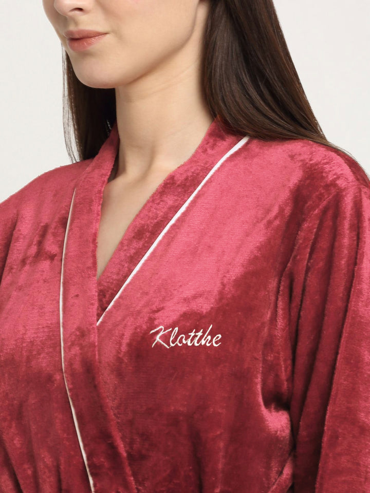 KLOTTHE Red Woolen Long Sleeves Bath Robe With Belt