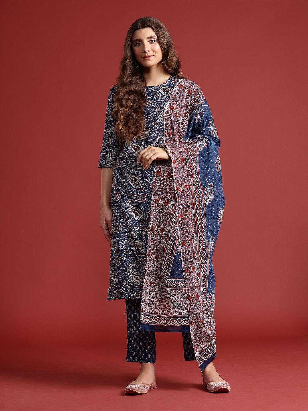 Anouk Printed Pure Cotton Kurta with Trousers & Dupatta