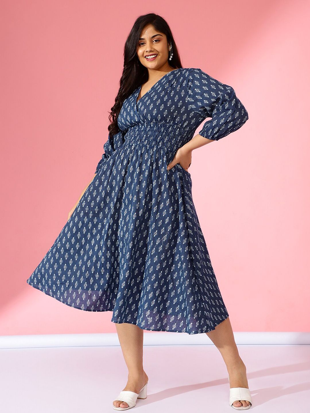 Bani Women Ethnic Motifs Printed Smocked Waist Puff Sleeve Fit & Flare Midi Dress