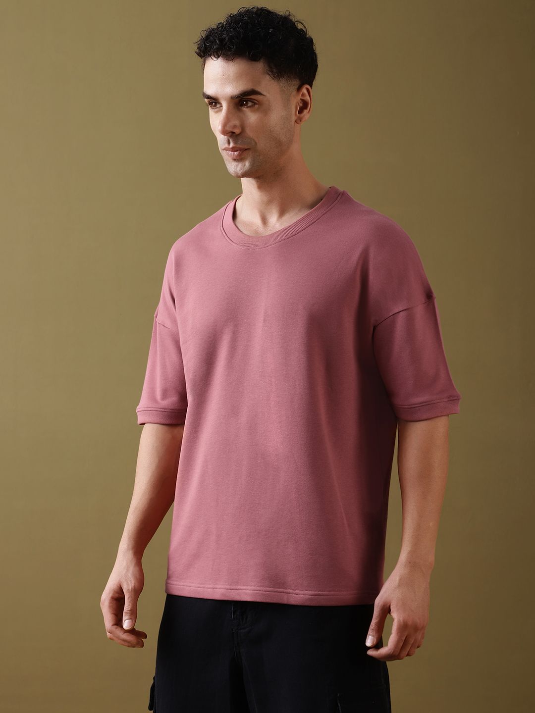 DILLINGER Men Solid Ultra Soft Drapey Cotton Oversized Drop Shoulder T-Shirt