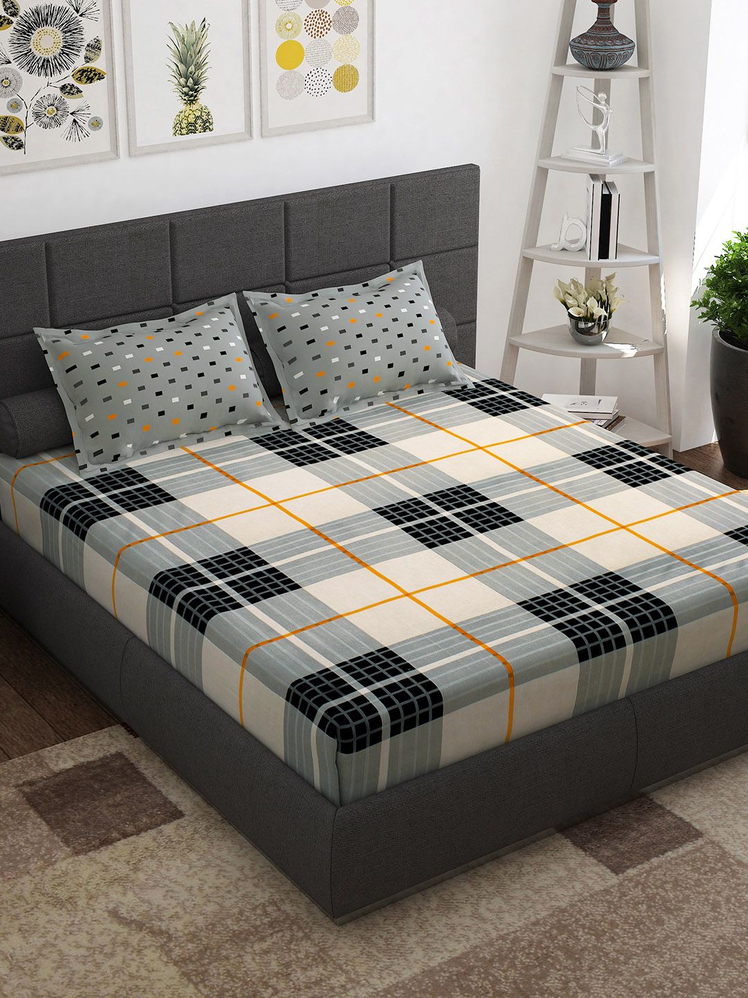 Story@home White Grey Geometric Cotton 144 TC Queen Bedsheet With 2 Pillow Covers