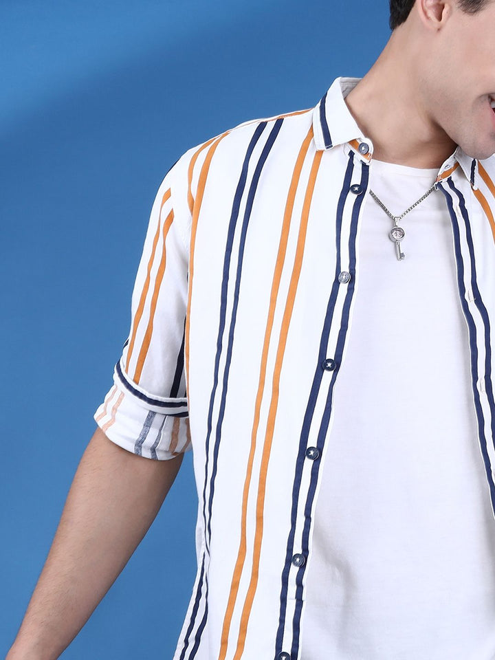 The Indian Garage Co Men White & Mustard Yellow Slim Fit Striped Casual Shirt