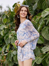 SASSAFRAS Floral Printed Boat Neck Long Sleeves Playsuit with Belt
