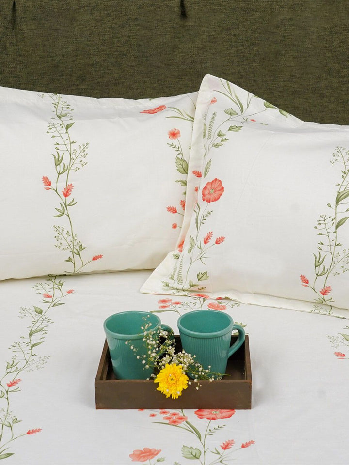 URBAN SPACE Peach-Coloured Printed Cotton 200 TC Single Bedsheet With 2 Pillow Covers