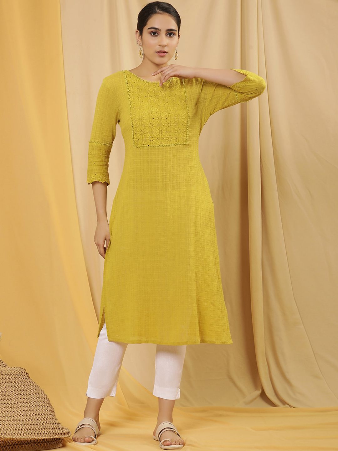 W Yellow Floral Yoke Design Thread Work Pure Cotton Straight Kurta