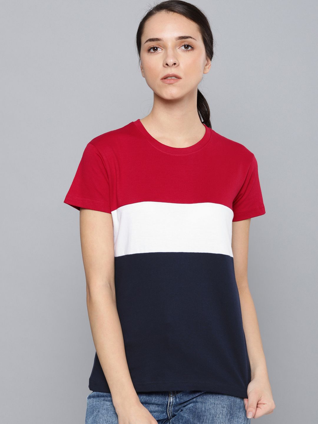 DILLINGER Women Red  White Colourblocked Round Neck Pure Cotton T-shirt