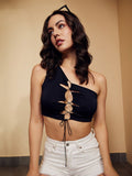 Berrylush Black One Shoulder Tie Ups Detail Fitted Crop Top